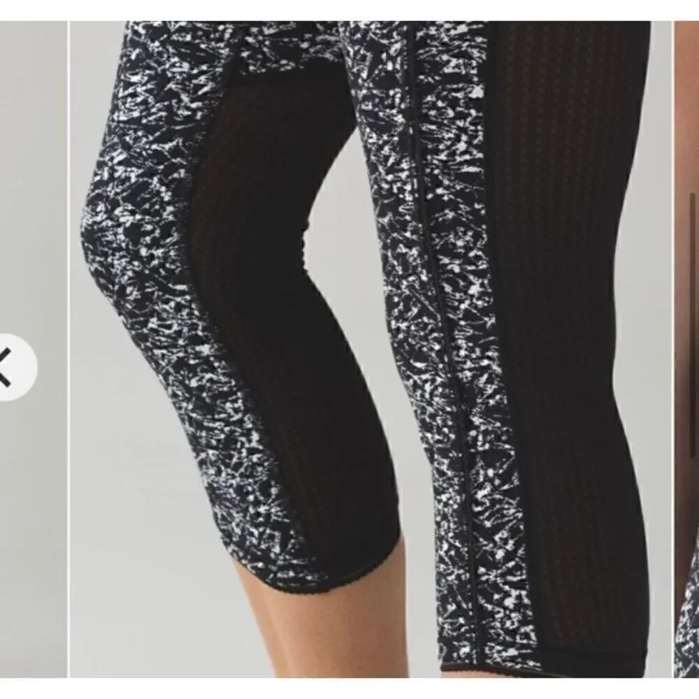 Lululemon Deep Breath Crop Iced Wave White Black Mesh Run Leggings Size 6